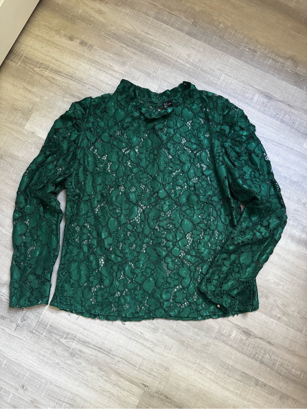 New York & Company Emerald Green Lace Mock Neck Blouse